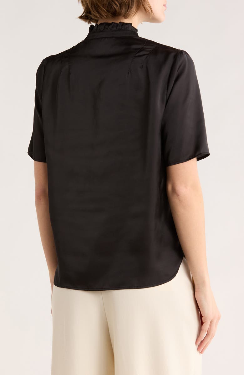 T Tahari Ruffle Split Neck Short Sleeve Top, Alternate, color, Black
