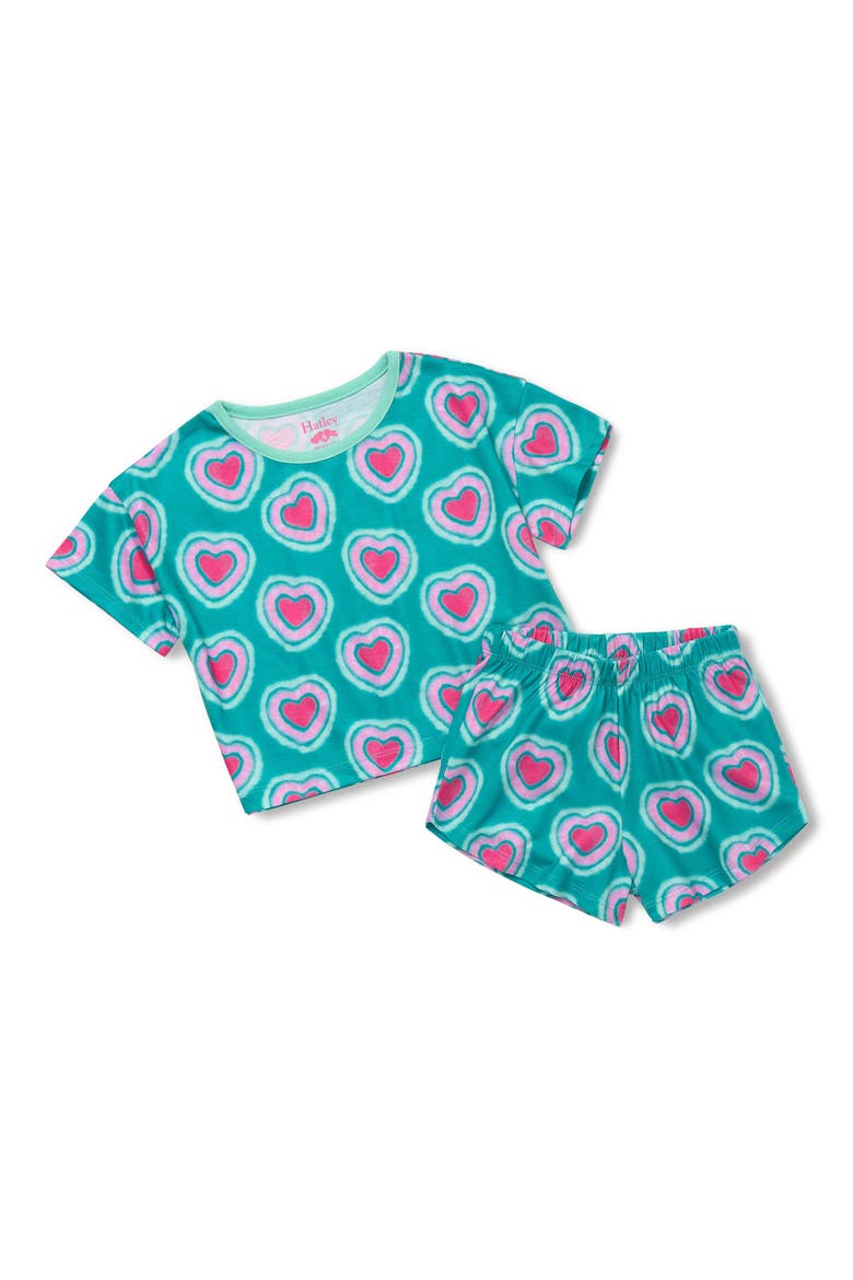 Kids' Glow in the Dark Hearts Two-Piece Short Pajamas, Main, color, VIRIDIAN GREEN