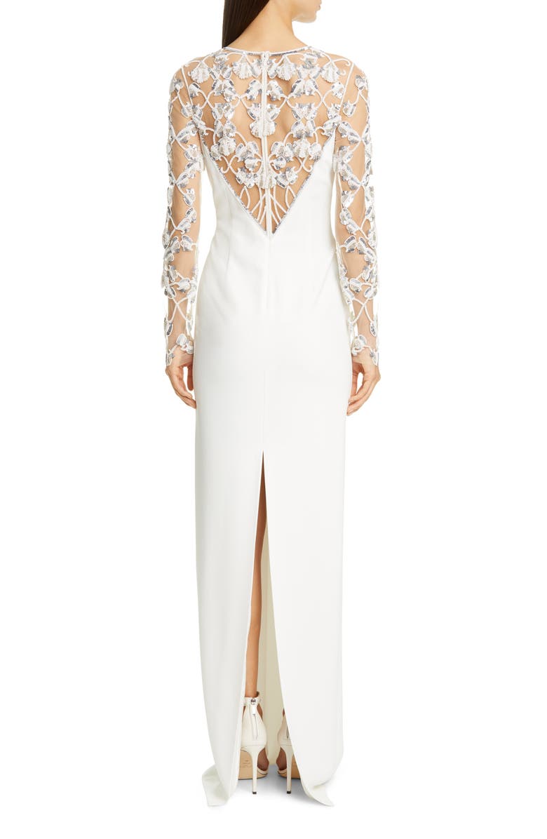 Pamella Roland Embellished Tulle Long Sleeve Crepe Column Gown, Alternate, color, 