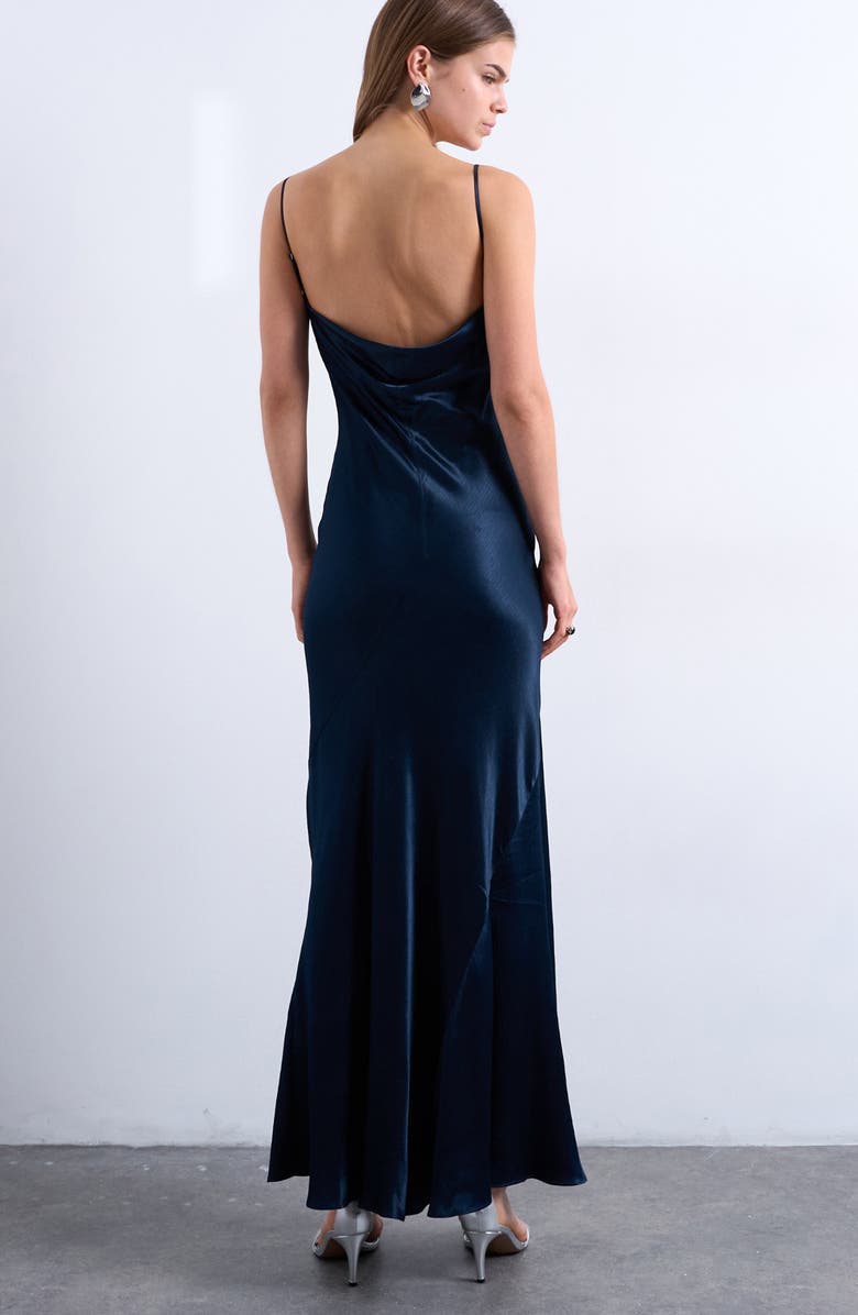 Topshop Folded Neck Satin Slip Maxi Dress, Alternate, color, Navy