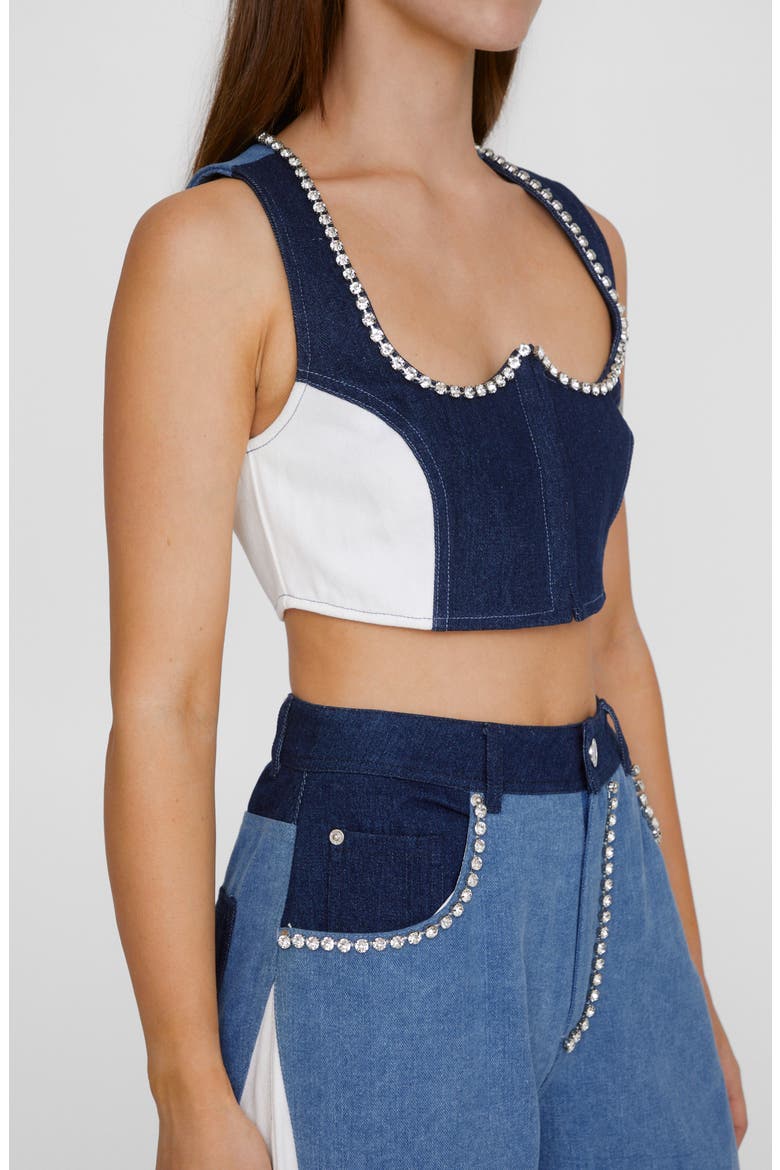 Embellished Trim Colorblock Denim Crop Top, Alternate, color, BLUE MULTI