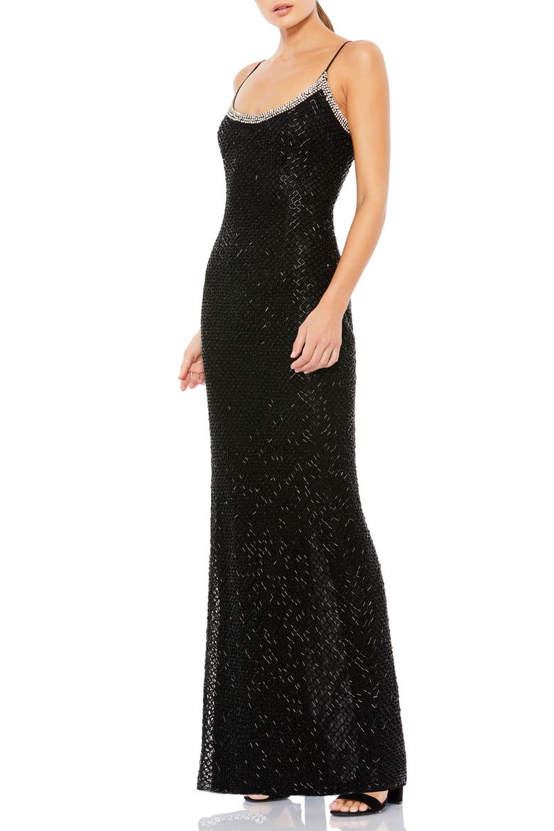 Rhinestone Encrusted Scoop Neckline Beaded Gown, Main, color, BLACK