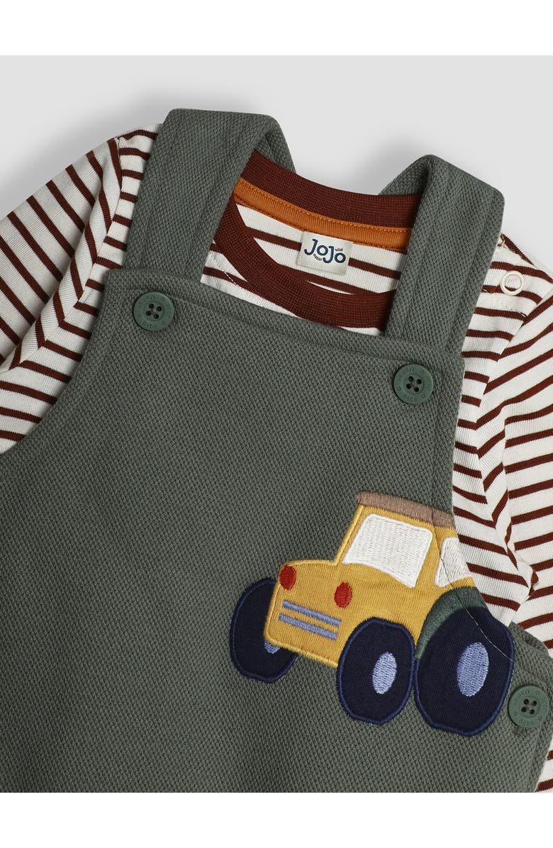 JOJO MAMAN BEBE Stripe Long Sleeve Cotton T-Shirt & Tractor Appliqué Overalls Set, Alternate, color,