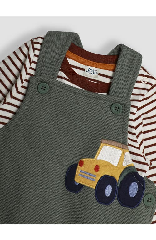 Jojo Maman Bébé Jojo Maman Bebe Stripe Long Sleeve Cotton T-shirt & Tractor Appliqué Overalls Set In Khaki