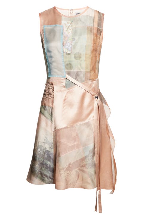 Collage Print Crinkled Satin & Organza Minidress