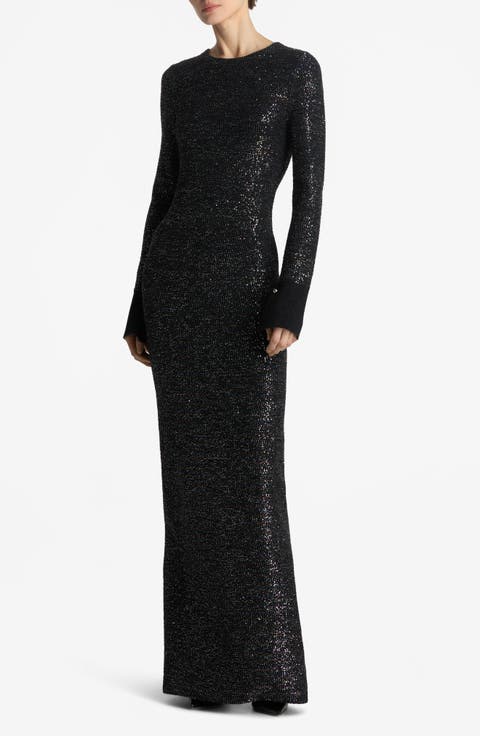 Iridescent Sequin Long Sleeve Knit Gown