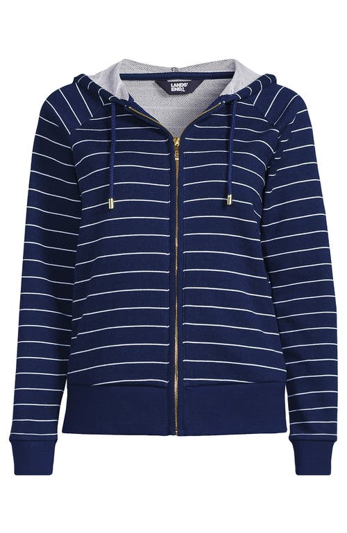 Lands' End Serious Sweats Relaxed Long Sleeve Full Zip Hoodie Sweatshirt In Deep Sea Navy/white Stripes