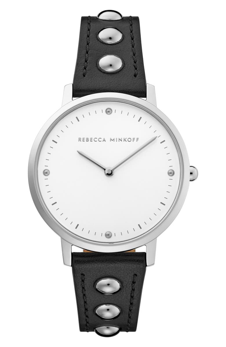 Rebecca Minkoff Major Stud Leather Strap Watch, 35mm, Main, color, 