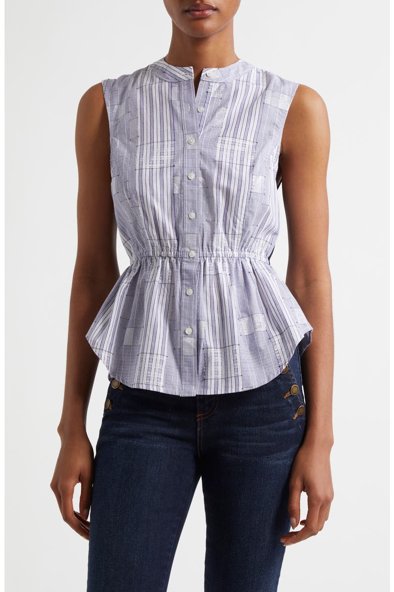 Kezia Sleeveless Metallic Mixed Media Peplum Button-Up Shirt, Main, color, NAVY PATCHWORK