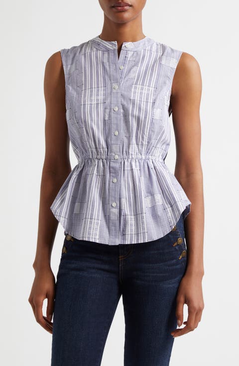 Kezia Sleeveless Metallic Mixed Media Peplum Button-Up Shirt