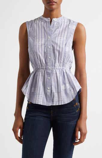 Ramy Brook Kezia Sleeveless Metallic Mixed Media Peplum Button-Up Shirt