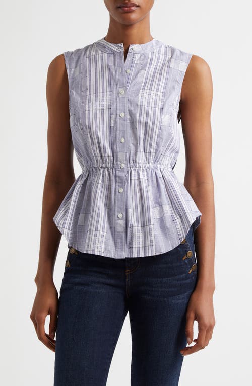 RAMY BROOK RAMY BROOK KEZIA SLEEVELESS METALLIC MIXED MEDIA PEPLUM BUTTON-UP SHIRT 