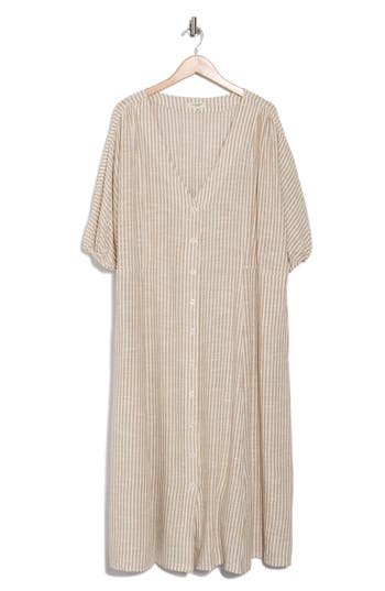 Shop Max Studio Yarn Dye Puff Sleeve Maxi Dress In Beige/off White Awning Stripe