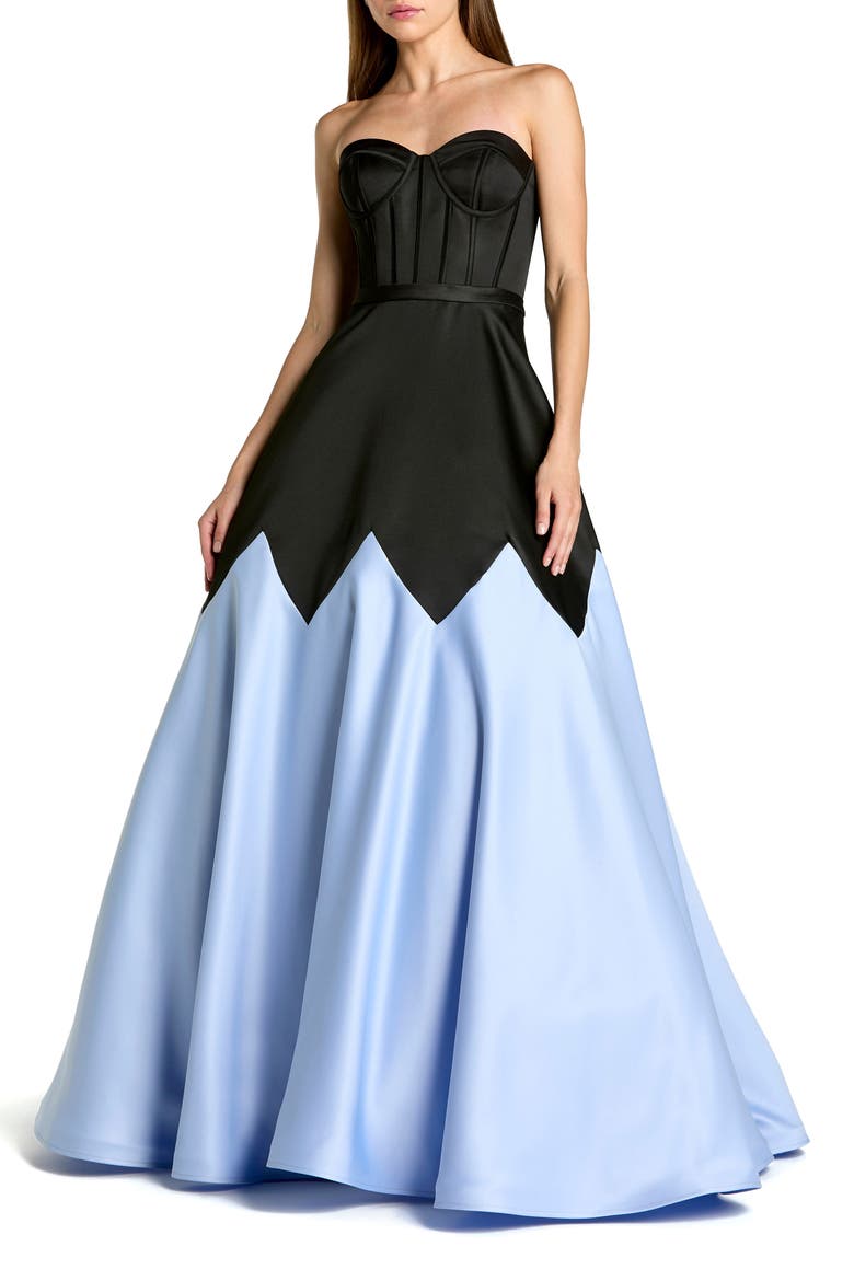 Corset Strapless Sweetheart Colorblock Satin Ball Gown, Main, color, Black Blue
