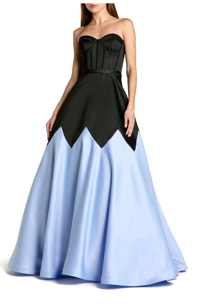 Mac Duggal Corset Strapless Sweetheart Colorblock Satin Ball Gown, Main, color, Black Blue