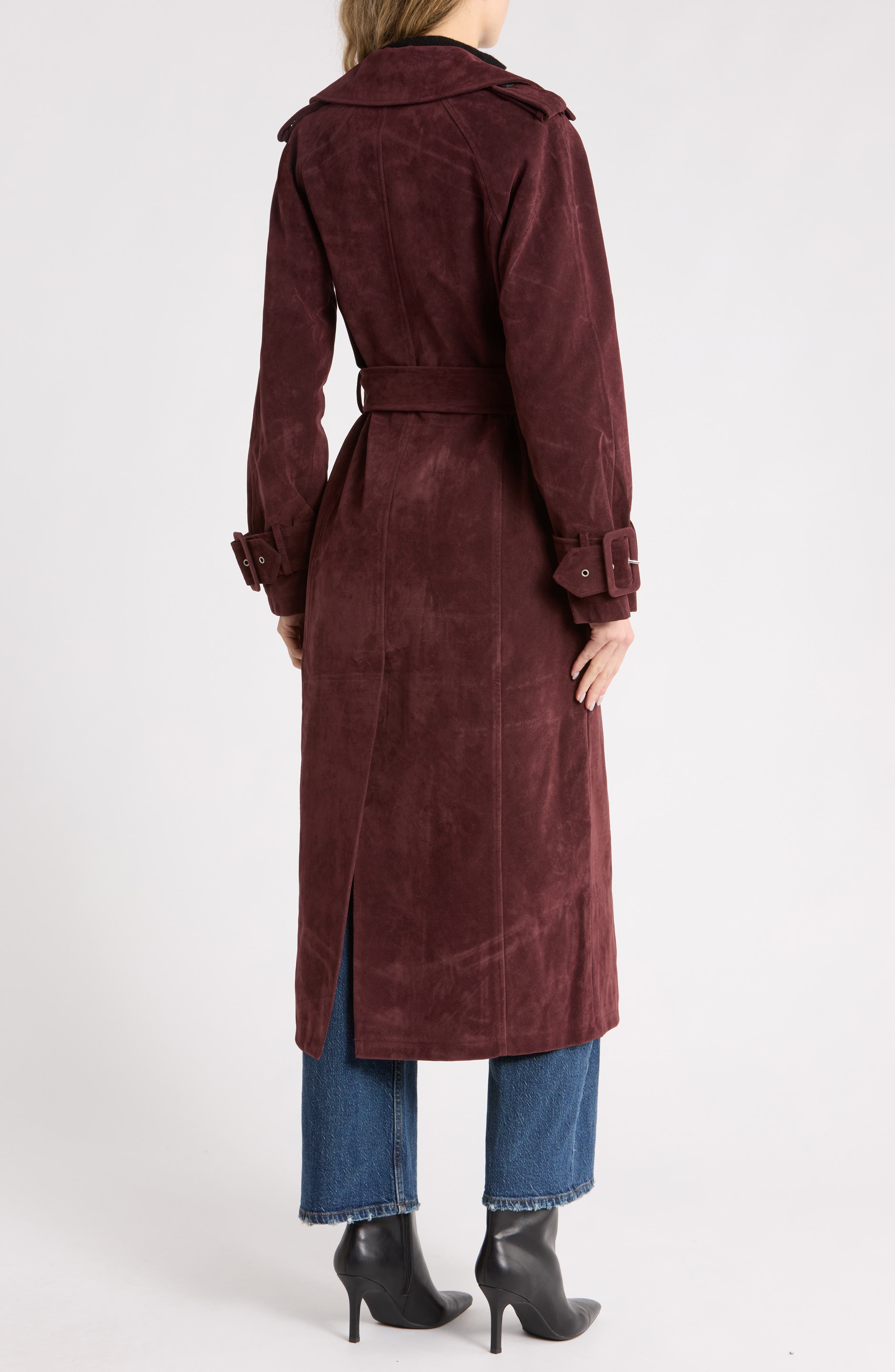 Faux Suede Double Breasted Midi Trench Coat