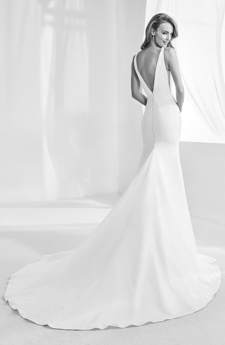 Atelier Pronovias Racimo V-Back Crepe Mermaid Gown, Alternate, color, 