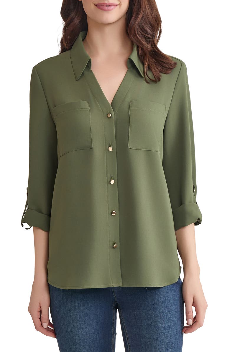 Jones New York Roll Tab Sleeve Button-Up Shirt, Main, color, Jasper Green