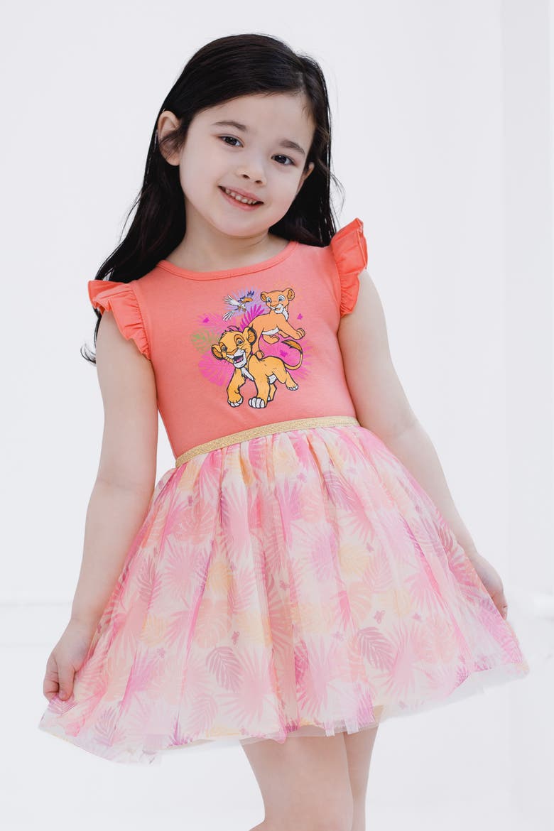 Lilo & Stitch Flutter Sleeve Tulle Tutu Dress, Alternate, color, Coral Simba Nala