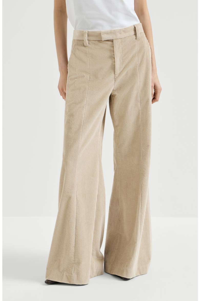 Cotton corduroy wide flare trousers with monili, Main, color, Cream