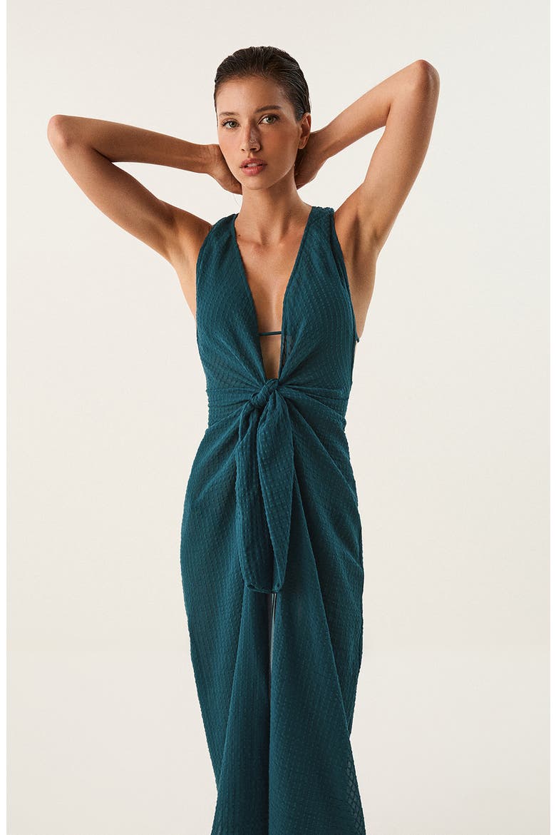 Mita Plunge Sleeveless Tie Front Semisheer Cotton Cover-Up Dress, Alternate, color, GREEN