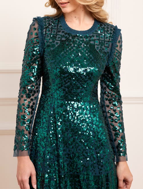 Needle & Thread Aurora Long Sleeve Round Neck Gown In Green