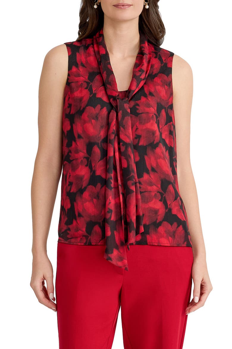 Tie Neck Sleeveless Metallic Chiffon Top, Main, color, FIRE RED MULTI