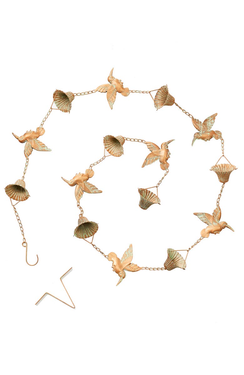 Glitzhome 8.5ft 15-Piece Faux Copper Patina Finish Bird and Cup Shaped Rain Chain with V-Shaped Gutter Clip, Alternate, color, Gold