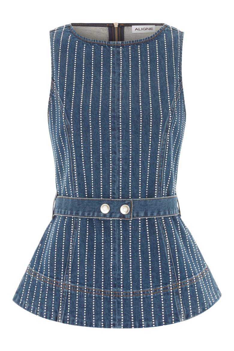 Trish Dimante Belted Denim Peplum, Alternate, color, MID BLUE