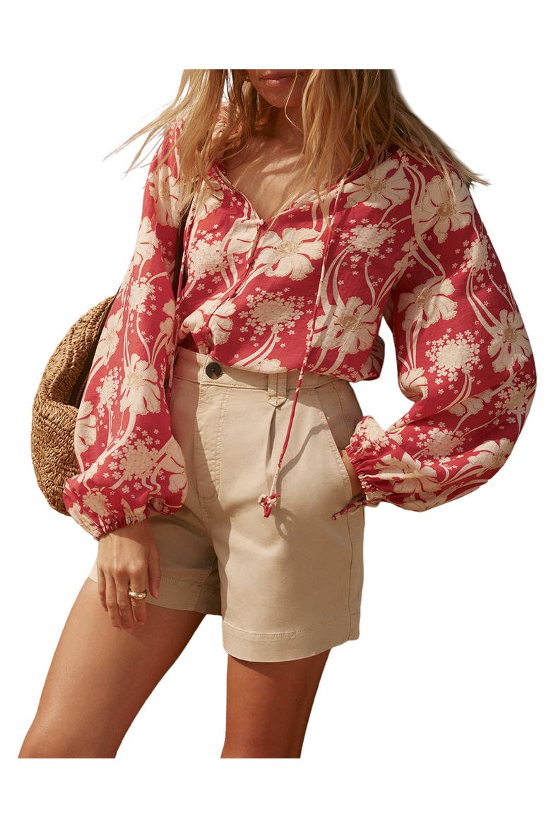 Floral Tie Neck Long Sleeve Blouse, Main, color, Red