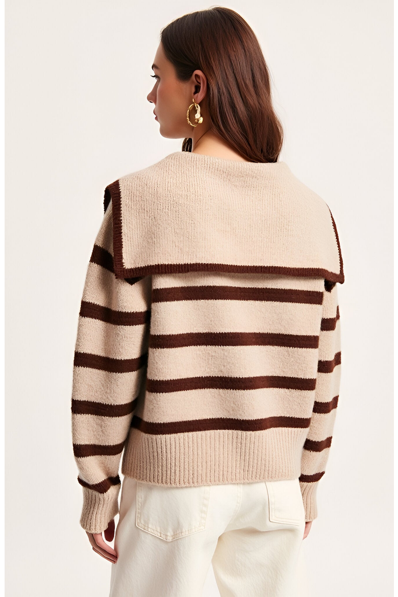 Striped Crewneck Sweater with Sailor Collar and Front Tie Detail, Alternate, color, Beige / Brown Stripes