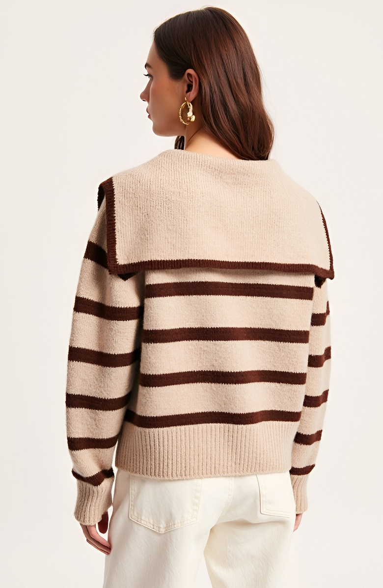 Modenaire Striped Crewneck Sweater with Sailor Collar and Front Tie Detail, Alternate, color, Beige / Brown Stripes