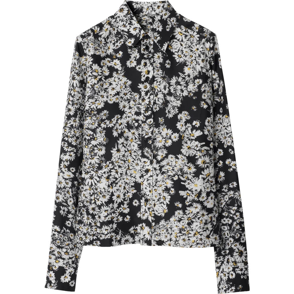 Burberry Flower Print Button Down Silk Top In Black