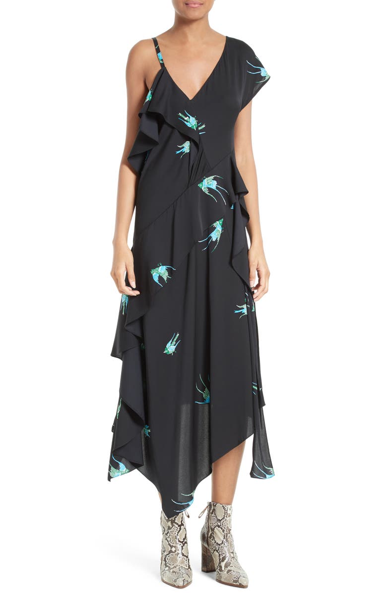 Diane von Furstenberg Asymmetrical Ruffle Midi Dress, Main, color, 