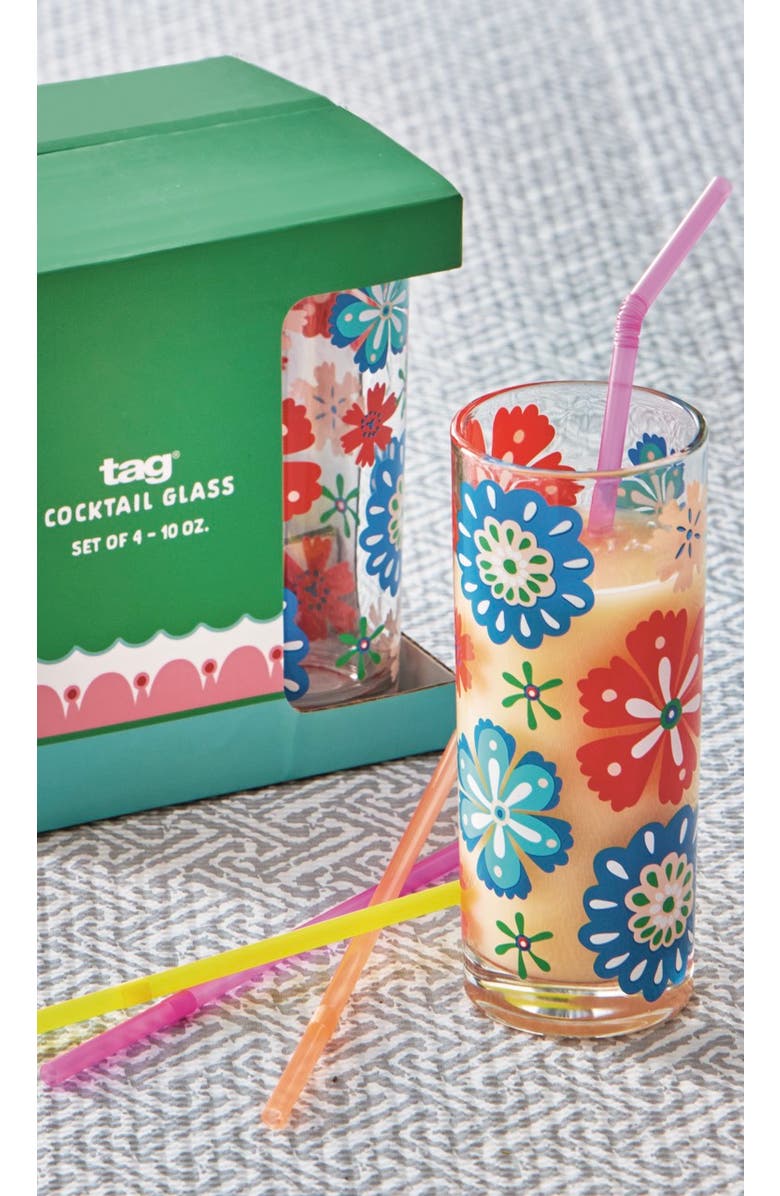 tag Eclectic Fun Multi Glass Set 4 10oz 2.5x2.5x6in Glass Bar Glasses, Alternate, color, Multicolored
