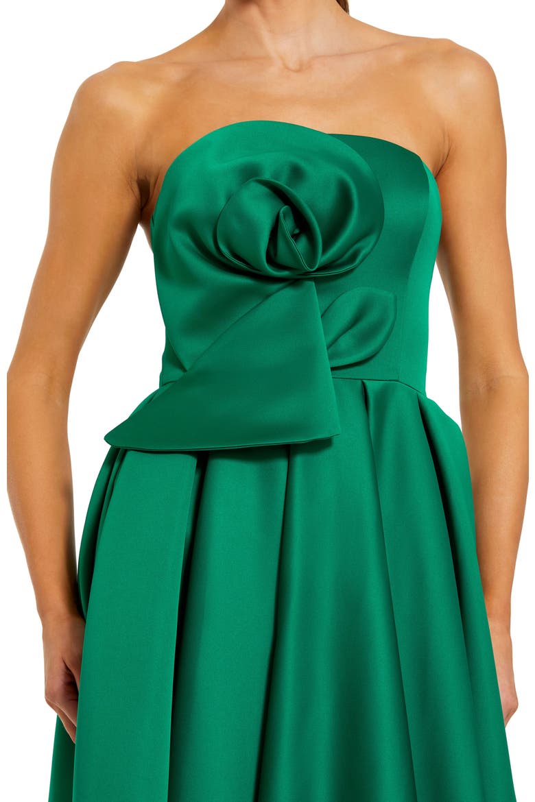 Strapless Satin A Line Midi Dress With 3D Flower, Alternate, color, Emerald