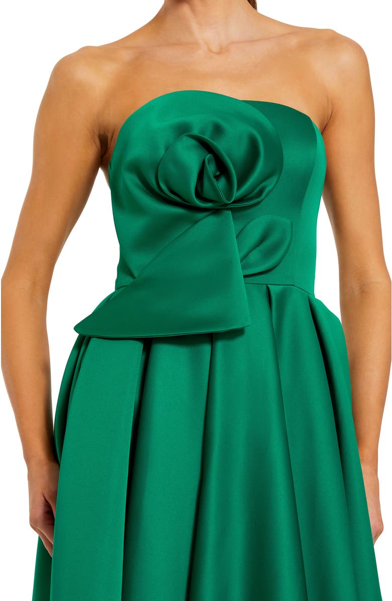 Mac Duggal Strapless Satin A Line Midi Dress With 3D Flower, Alternate, color, Emerald