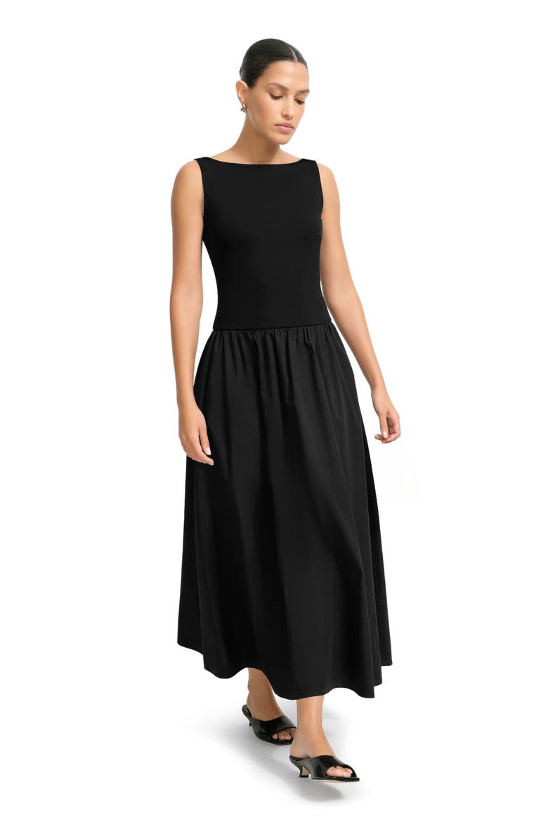 Gillian Mixed Media Ponte & Cotton A-Line Dress, Alternate, color, BLACK