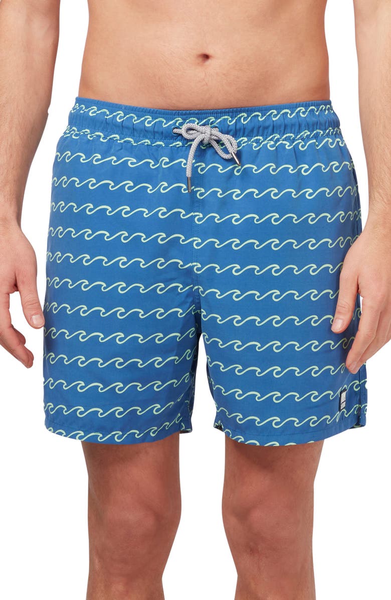 Tom & Teddy Wave Print Swim Trunks, Main, color, 