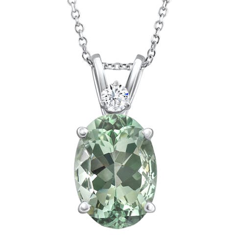 Oval Green Amethyst Diamond Pendant Women's Necklace 18" Gold