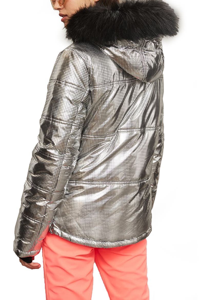 SNO Rio Faux Fur Hood Metallic Puffer Jacket, Alternate, color, SILVER
