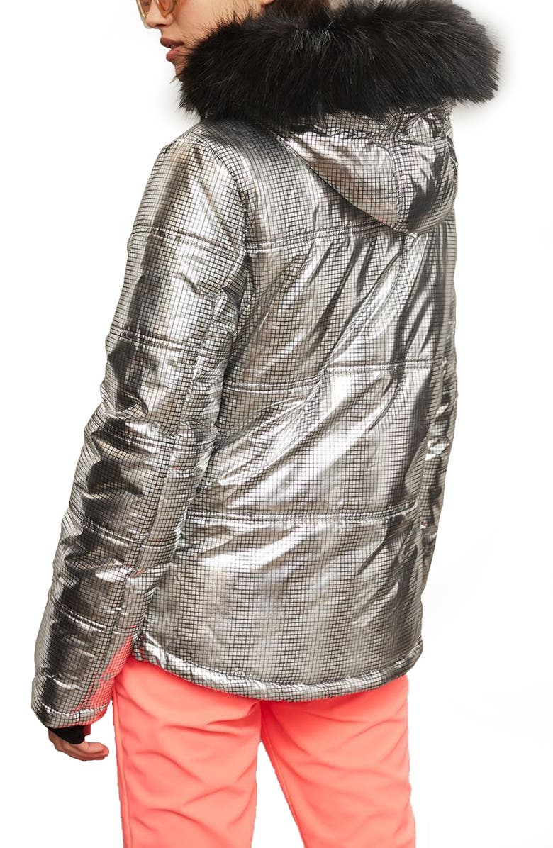 Topshop SNO Rio Faux Fur Hood Metallic Puffer Jacket, Alternate, color,