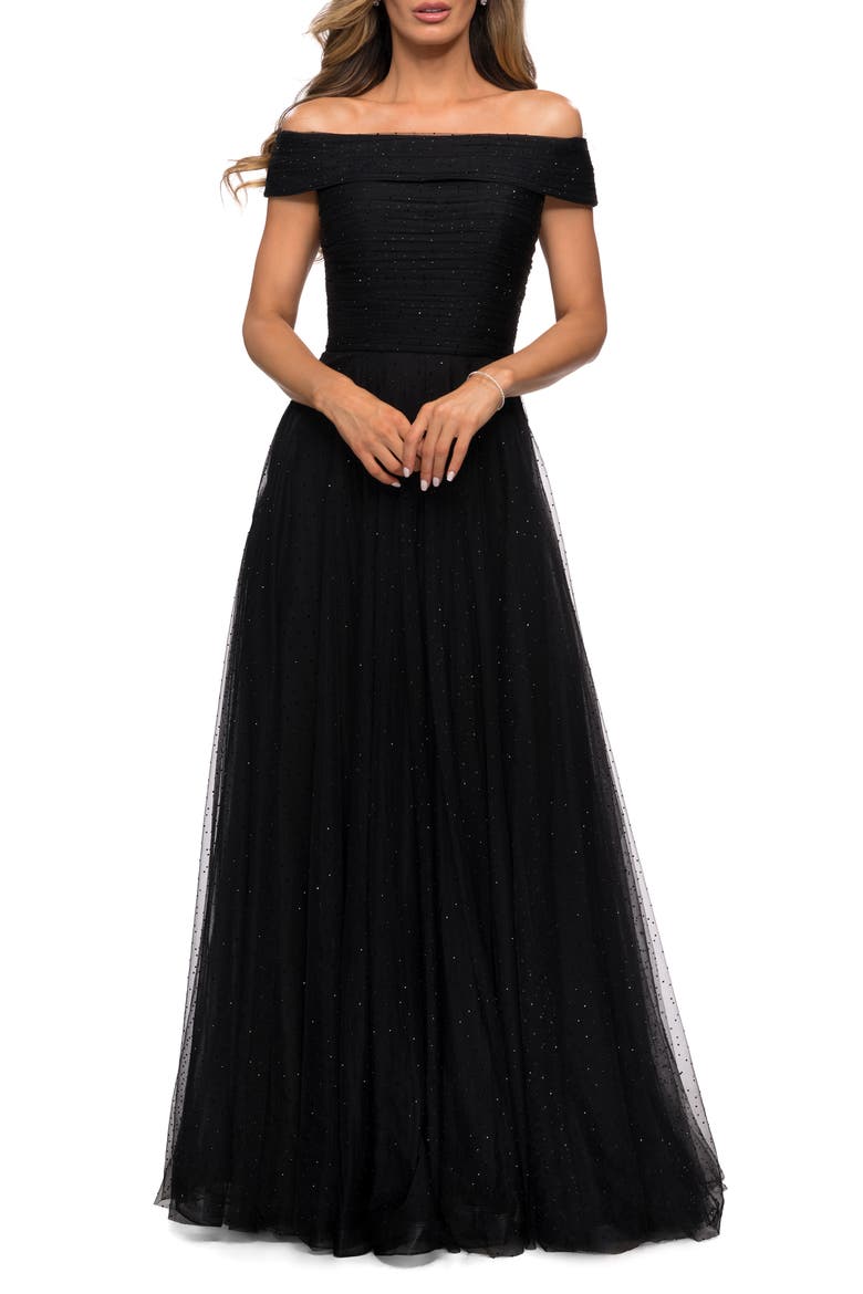 Tulle Off the Shoulder A-line Dress with Rhinestones, Main, color, BLACK