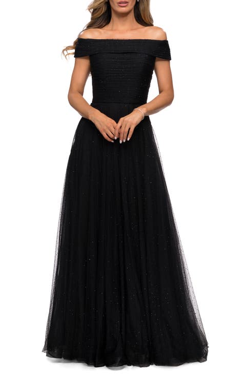 Tulle Off the Shoulder A-line Dress with Rhinestones