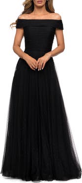 La Femme Tulle Off the Shoulder A-line Dress with Rhinestones
