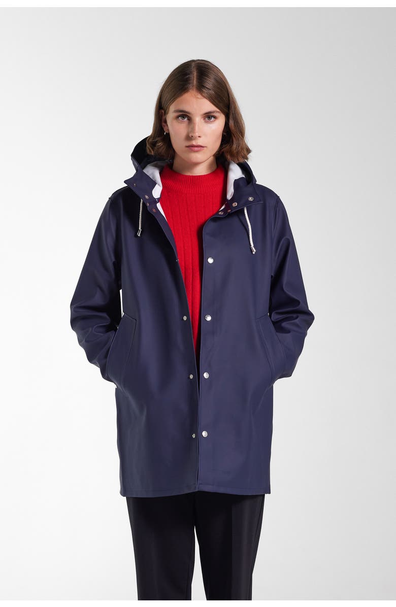 Stutterheim Stockholm Long Sleeve Hooded Raincoat, Main, color, Navy