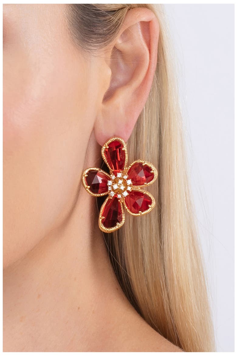 Daisy CZ Floral Stud Earrings, Alternate, color, RED