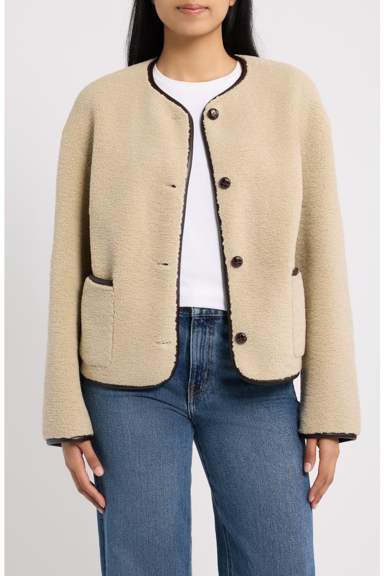 Faux Shearling Jacket with Faux Leather Trim, Main, color, BROWN