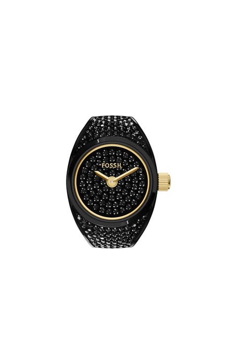 Black Crystal Pavé Ring Watch, 15mm