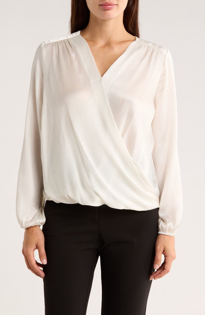 T Tahari Long Sleeve Faux Wrap Blouse, Main, color, Ivory